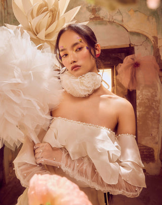 Ivory Organza Ruffle Gown With Belt by Shriya Som available on Indiaspopup.com