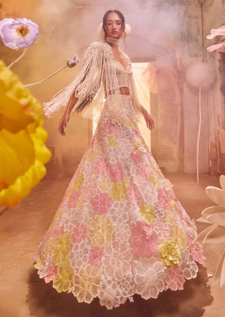 Mulitcolor Floral Skirt And Fringe Cape Set by Shriya Som available on Indiaspopup.com