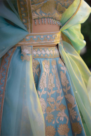 Spray Green Embroidered Lehenga Set by Shyam Narayan Prasad, available on Indiaspopup.com