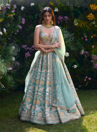 Spray Green Embroidered Lehenga Set by Shyam Narayan Prasad, available on Indiaspopup.com