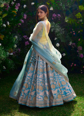 Spray Green Embroidered Lehenga Set by Shyam Narayan Prasad, available on Indiaspopup.com