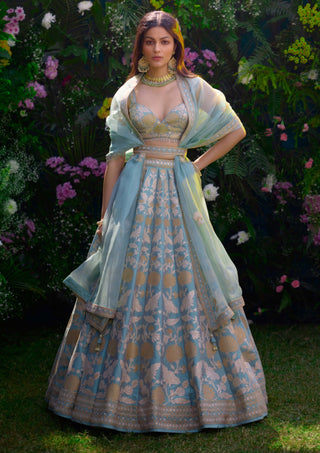 Spray Green Embroidered Lehenga Set by Shyam Narayan Prasad, available on Indiaspopup.com