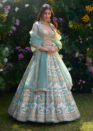 Spray Green Embroidered Lehenga Set by Shyam Narayan Prasad, available on Indiaspopup.com