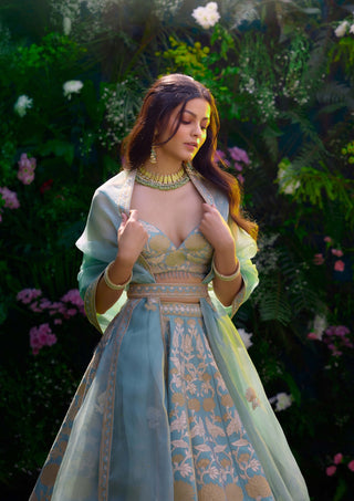 Spray Green Embroidered Lehenga Set by Shyam Narayan Prasad, available on Indiaspopup.com