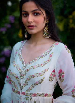 Ivory Printed Embroidered Anarkali Set by Shyam Narayan Prasad, available on Indiaspopup.com