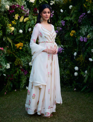 Ivory Printed Embroidered Anarkali Set by Shyam Narayan Prasad, available on Indiaspopup.com