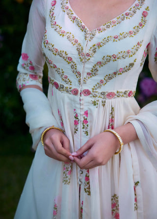 Ivory Printed Embroidered Anarkali Set by Shyam Narayan Prasad, available on Indiaspopup.com