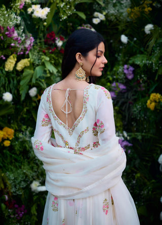 Ivory Printed Embroidered Anarkali Set by Shyam Narayan Prasad, available on Indiaspopup.com