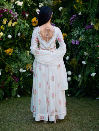 Ivory Printed Embroidered Anarkali Set by Shyam Narayan Prasad, available on Indiaspopup.com