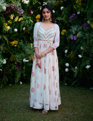 Ivory Printed Embroidered Anarkali Set by Shyam Narayan Prasad, available on Indiaspopup.com