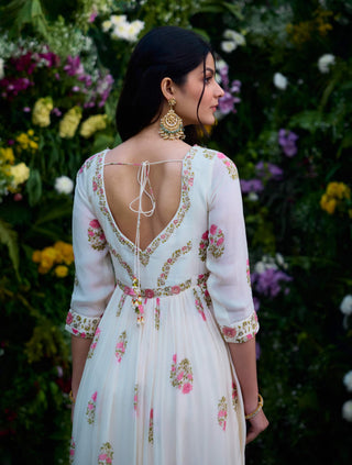 Ivory Printed Embroidered Anarkali Set by Shyam Narayan Prasad, available on Indiaspopup.com