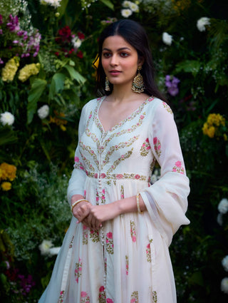Ivory Printed Embroidered Anarkali Set by Shyam Narayan Prasad, available on Indiaspopup.com