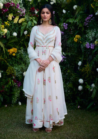 Ivory Printed Embroidered Anarkali Set by Shyam Narayan Prasad, available on Indiaspopup.com