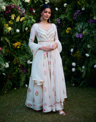 Ivory Printed Embroidered Anarkali Set by Shyam Narayan Prasad, available on Indiaspopup.com