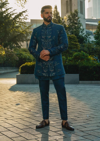 Oxford Teal Blue Bandhgala Set by Jatin Malik available on Indiaspopup.com