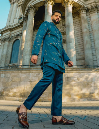 Oxford Teal Blue Bandhgala Set by Jatin Malik available on Indiaspopup.com