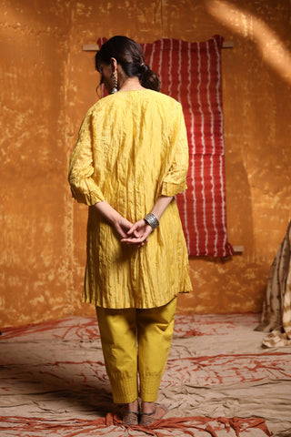 Shivani Bhargava-Mustard Crinkle Kimono Tunic With Pants-INDIASPOPUP.COM