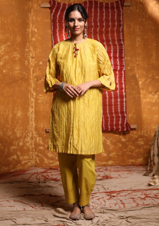 Shivani Bhargava-Mustard Crinkle Kimono Tunic With Pants-INDIASPOPUP.COM