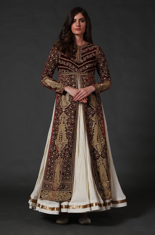 Rohit Bal-Wine Silk Velvet Split Anarkali Set-INDIASPOPUP.COM
