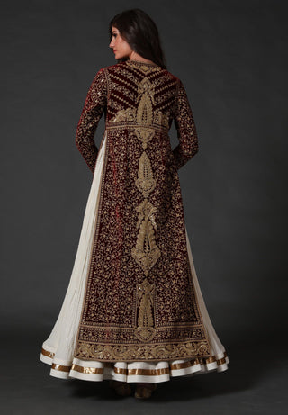Rohit Bal-Wine Silk Velvet Split Anarkali Set-INDIASPOPUP.COM