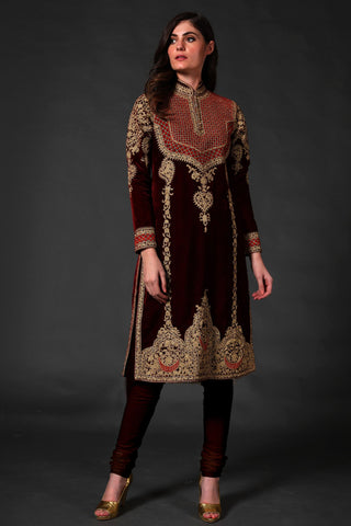 Rohit Bal-Wine Silk Velvet Kurta Set-INDIASPOPUP.COM