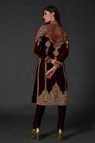 Rohit Bal-Wine Silk Velvet Kurta Set-INDIASPOPUP.COM