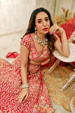 Chamee And Palak-Red Embroidered Lehenga Set-INDIASPOPUP.COM