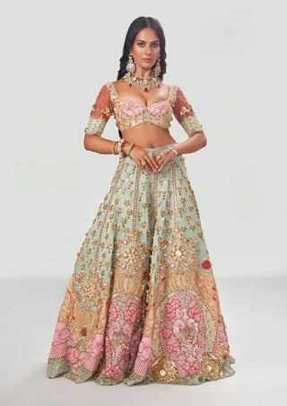 Papa Don'T Preach By Shubhika-Teal Green Embroidered Tulle Lehenga Set-INDIASPOPUP.COM