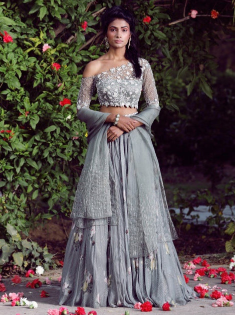 Silver Grey Embellished Lehenga With One Shoulder Blouse