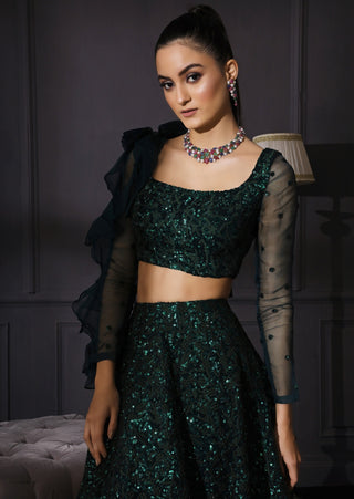 Mani Bhatia-Bottle Green Embroidered Lehenga Embroidered Belt-INDIASPOPUP.COM