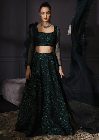 Mani Bhatia-Bottle Green Embroidered Lehenga Embroidered Belt-INDIASPOPUP.COM