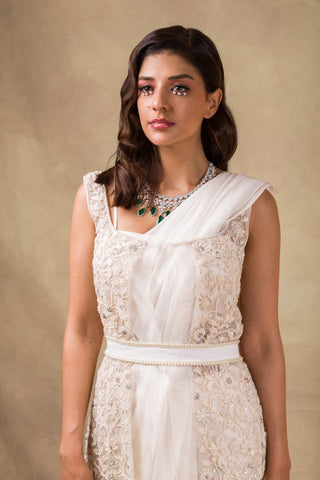 Ridhi Mehra - Ivory Embroidered Drape Saree - INDIASPOPUP.COM