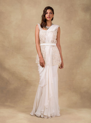 Ridhi Mehra - Ivory Embroidered Drape Saree - INDIASPOPUP.COM