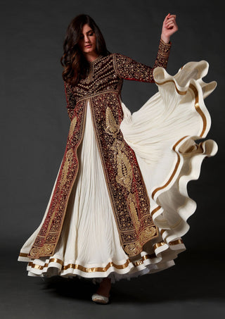 Rohit Bal-Wine Silk Velvet Split Anarkali Set-INDIASPOPUP.COM