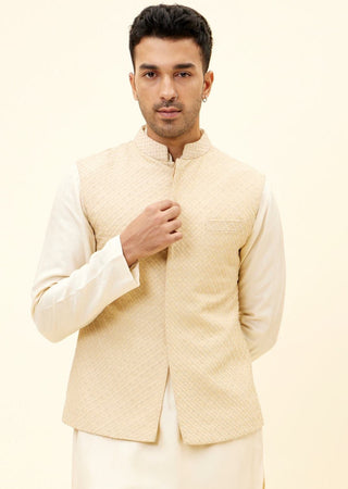 Sva By Sonam And Paras Modi-Beige Butti Embroidered Bundi-INDIASPOPUP.COM