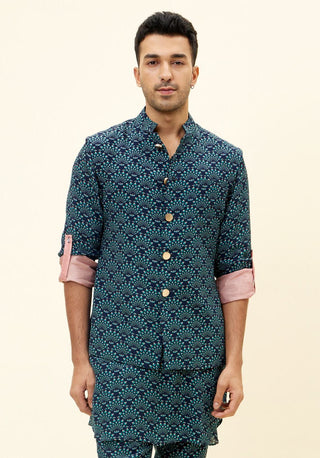 Sva By Sonam And Paras Modi Men-Blue Feather Print Bundi-INDIASPOPUP.COM