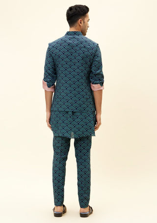 Sva By Sonam And Paras Modi Men-Blue Feather Print Bundi-INDIASPOPUP.COM