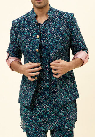Sva By Sonam And Paras Modi Men-Blue Feather Print Bundi-INDIASPOPUP.COM
