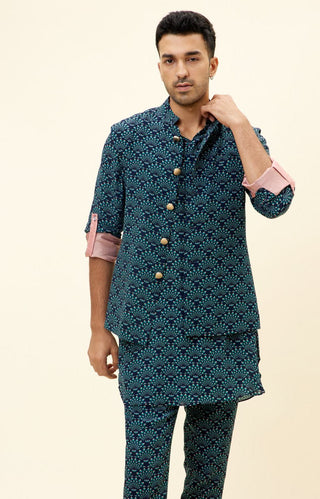 Sva By Sonam And Paras Modi Men-Blue Feather Print Bundi-INDIASPOPUP.COM