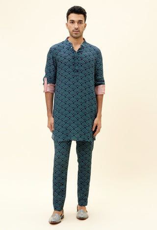 Sva By Sonam And Paras Modi Men-Blue Feather Print Kurta With Pants-INDIASPOPUP.COM