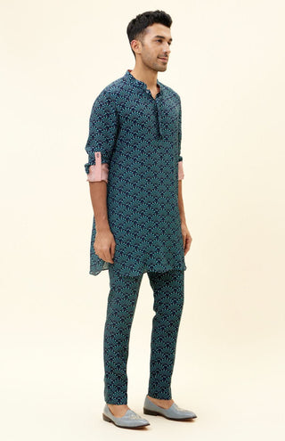 Sva By Sonam And Paras Modi Men-Blue Feather Print Kurta With Pants-INDIASPOPUP.COM
