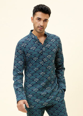 Sva By Sonam And Paras Modi Men-Blue Feather Print Kurta With Pants-INDIASPOPUP.COM