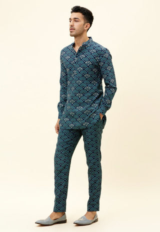 Sva By Sonam And Paras Modi Men-Blue Feather Print Kurta With Pants-INDIASPOPUP.COM