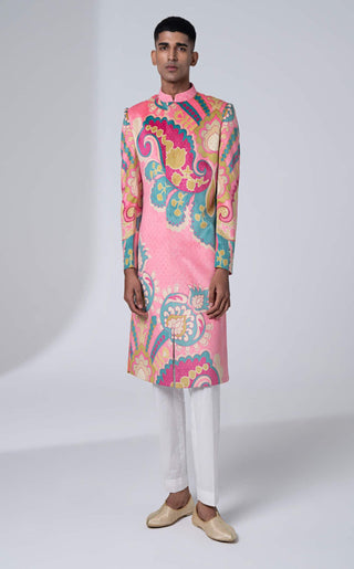 Siddhartha Bansal-Pink Royal Paisley Sherwani With Churidaar-INDIASPOPUP.COM