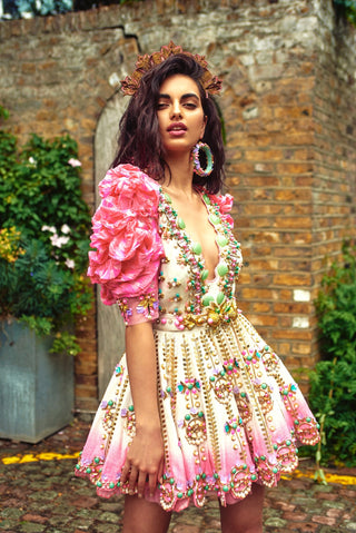Papa Don'T Preach By Shubhika-Pink & Ivory Baby Doll Silk Dress-INDIASPOPUP.COM