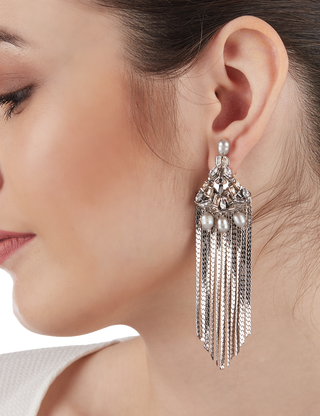Outhouse-Gunmetal Noir Tassel Earrings-INDIASPOPUP.COM