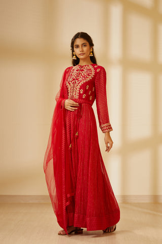 Shyam Narayan Prasad-Coral Red Anarkali Set-INDIASPOPUP.COM