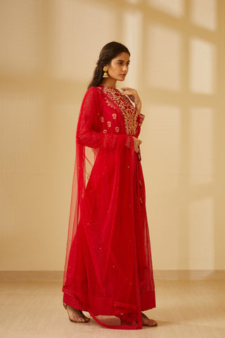 Shyam Narayan Prasad-Coral Red Anarkali Set-INDIASPOPUP.COM