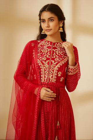 Shyam Narayan Prasad-Coral Red Anarkali Set-INDIASPOPUP.COM