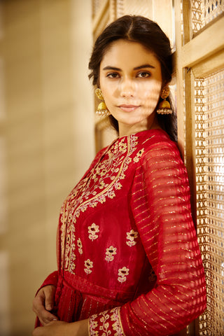 Shyam Narayan Prasad-Coral Red Anarkali Set-INDIASPOPUP.COM